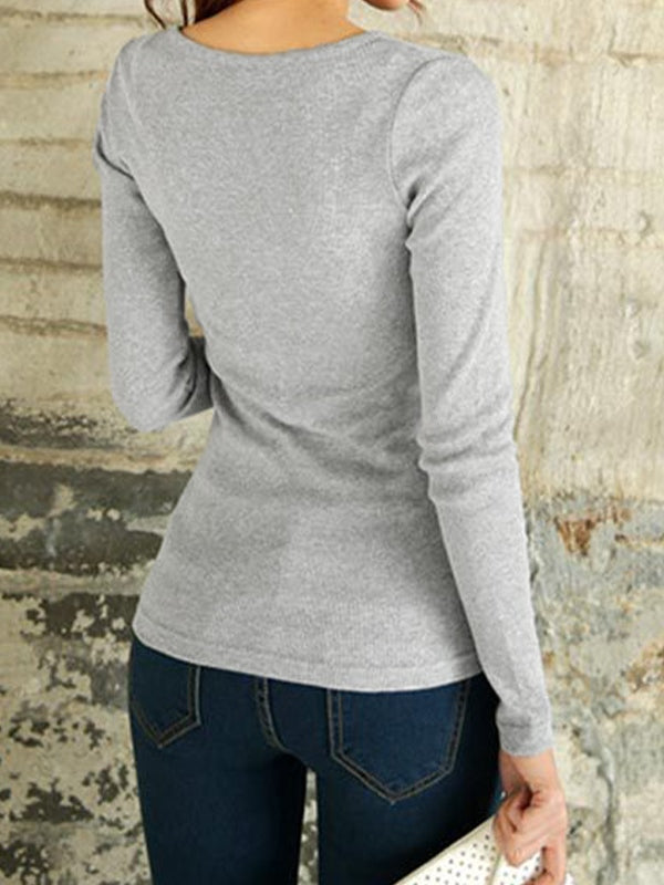 Solid Ribbed Breasted Long Sleeve Tee
