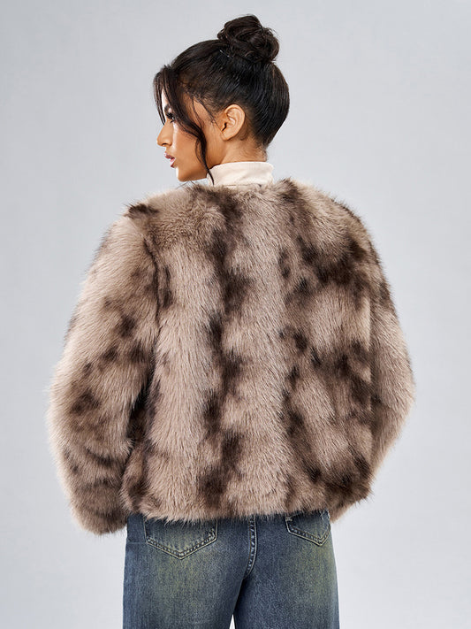 Faux Fur Coats Long Sleeves Casual Faux Fur Jacket Jewel Neck White Women Coat