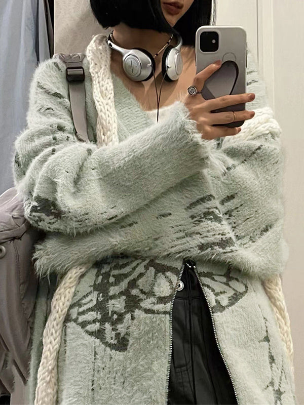 Print V Neck Zip Up Loose Cardigan