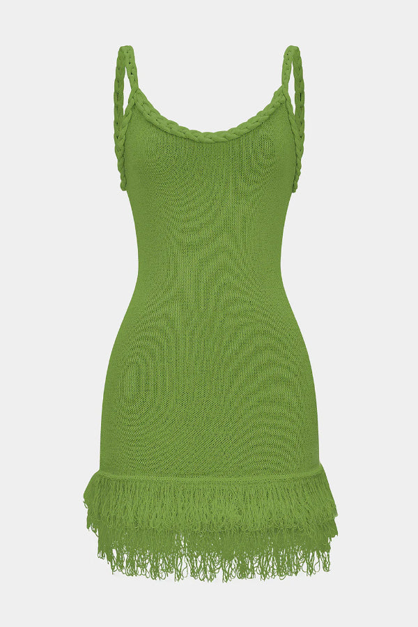Solid Color Cable Camisole Slim Fit Tassel Knit Mini Dress