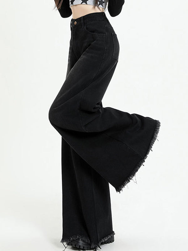 Versatile Black Raw Edge Wide Leg Boyfriend Jeans