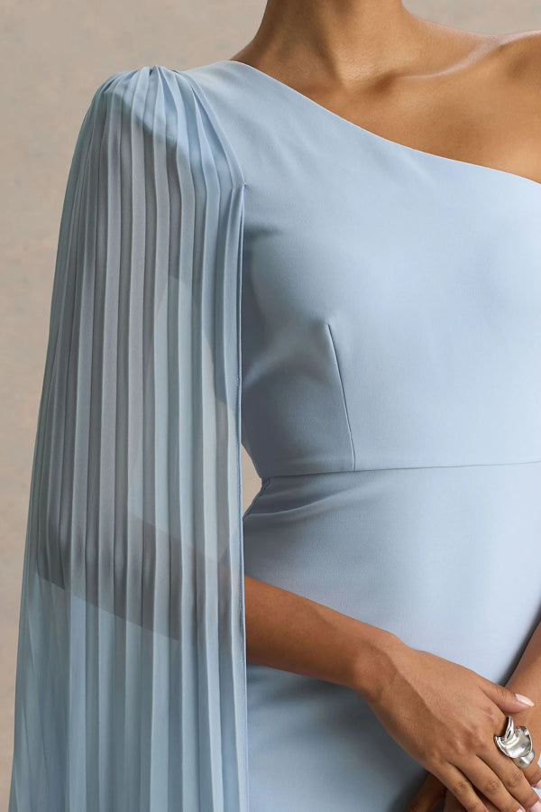 Solid Color Slanted Neckline Pleated Slim-fitting Elegant Maxi Dress