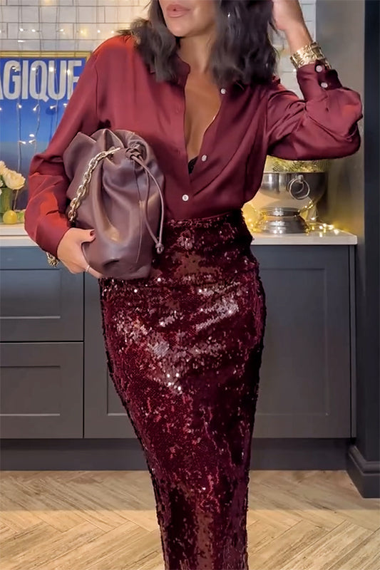 Feeling Festive Satin Button Up Long Sleeve Loose Blouse