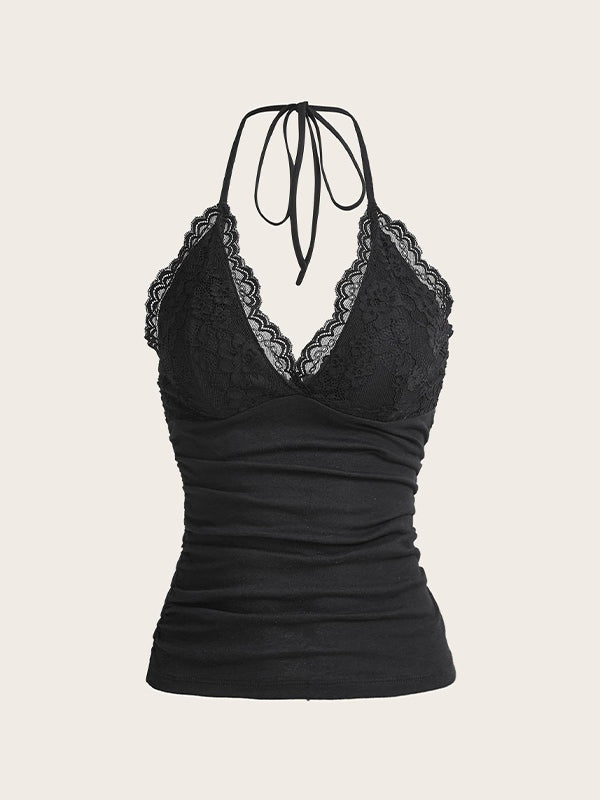 Lace Splice Halter V Neck Backless Cami Top