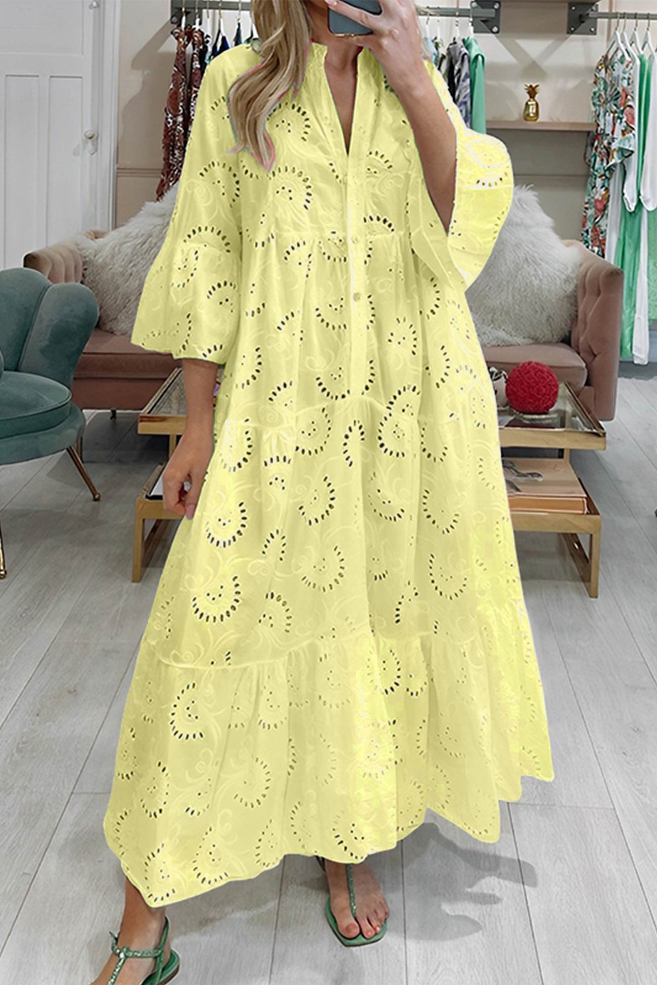 V Neck Flares Sleeve Embroidery Cotton Dress