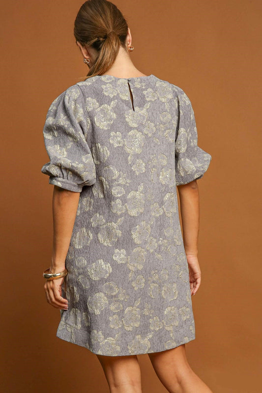 Floral Jacquard Metallic Thread Crew Neck Puff Sleeve Shift Mini Dress