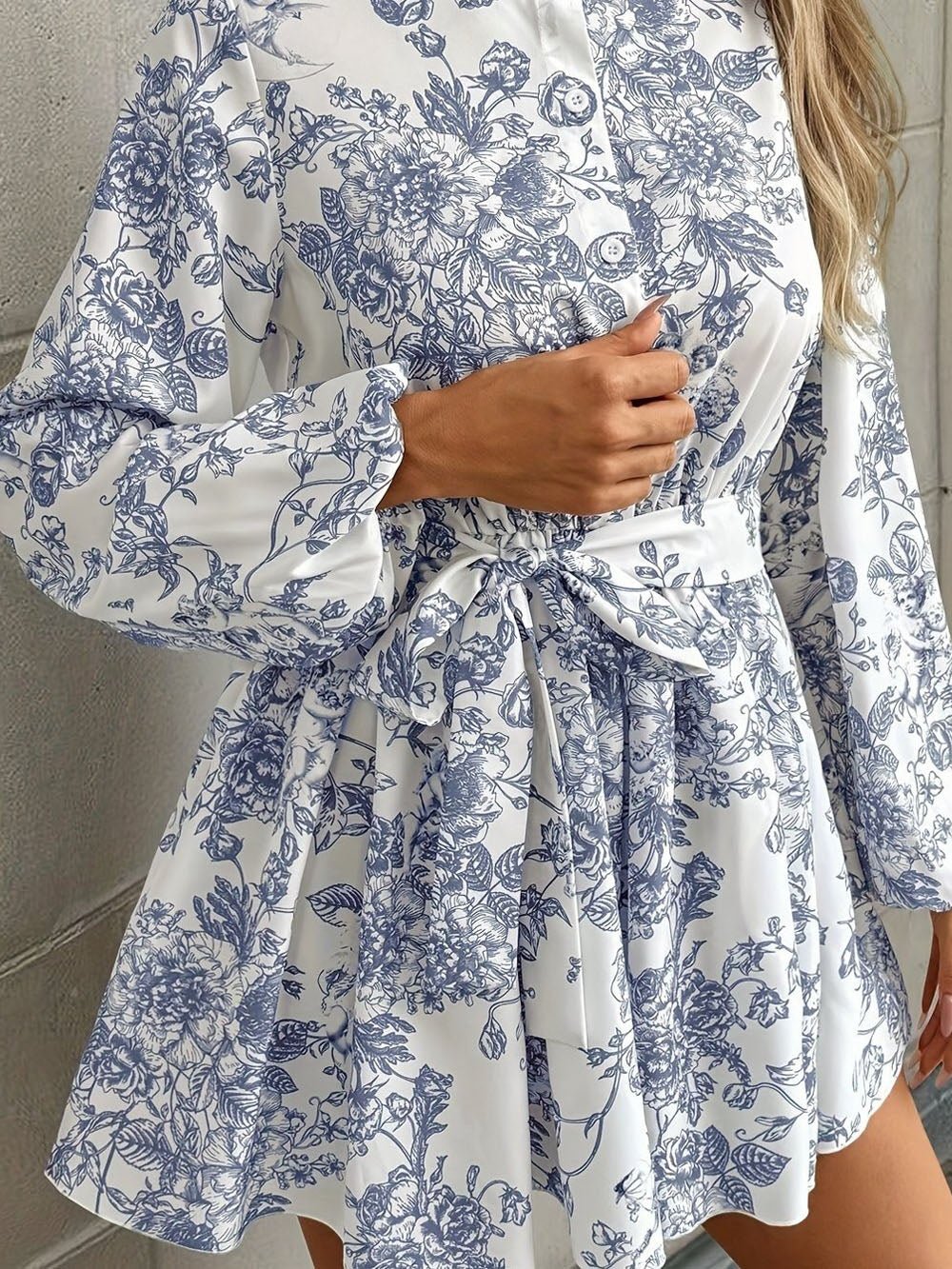 Toile Print Stand Collar Button-Front Lantern Sleeve Belted Pleated Mini Dress