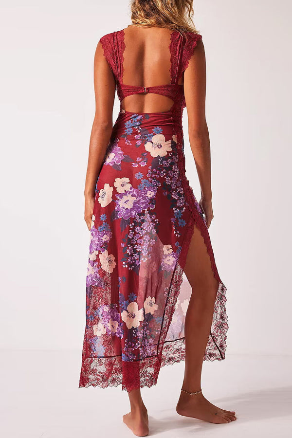 Floral Print Lace Patchwork Hollow-out Slim-fit Midi Dress