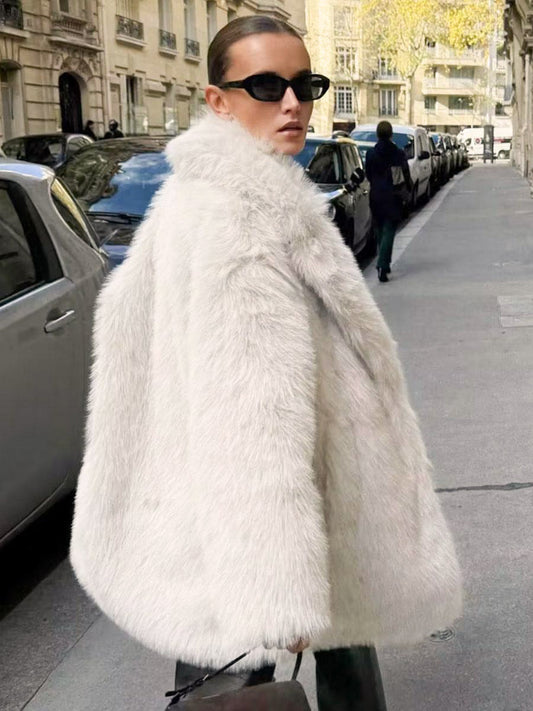 White Faux Fur Midi Coat Notched Lapel Winter Eco-friendly Long Jacket For Women 2026