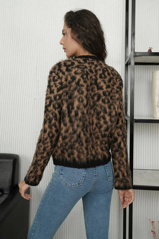 Leopard Knit Button-Up Cardigan