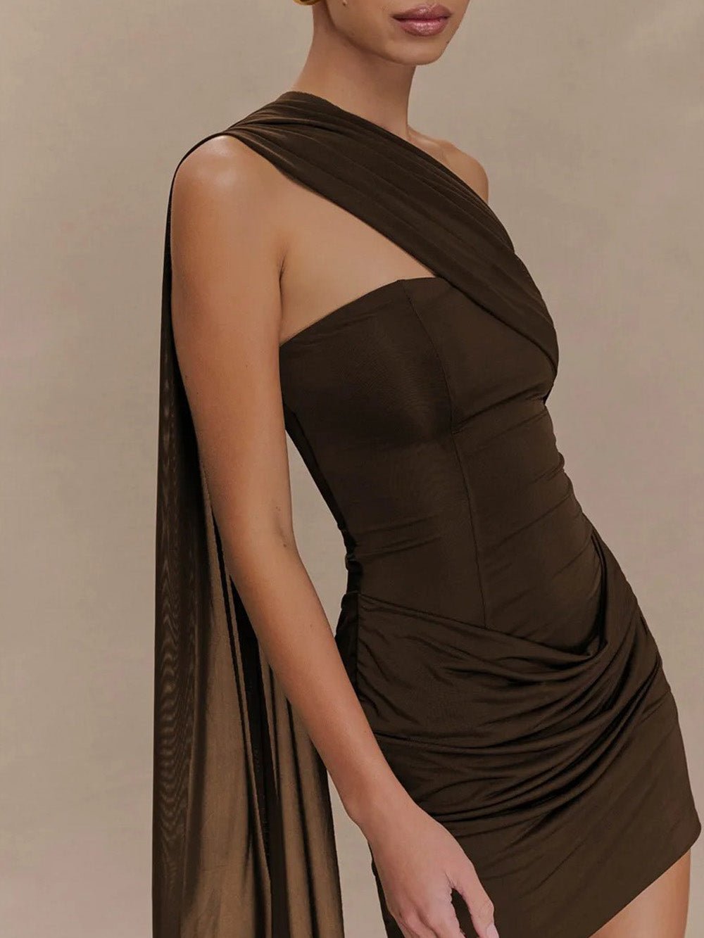 One-Shoulder Ruched Draped Bodycon Mini Dress With Trailing Sash