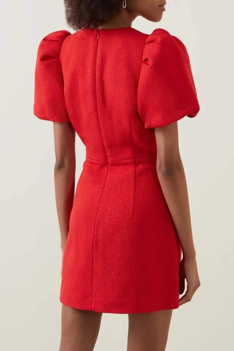 Round Neck Puff Sleeve Rhinestone Bow Cutout Bodycon Mini Dress
