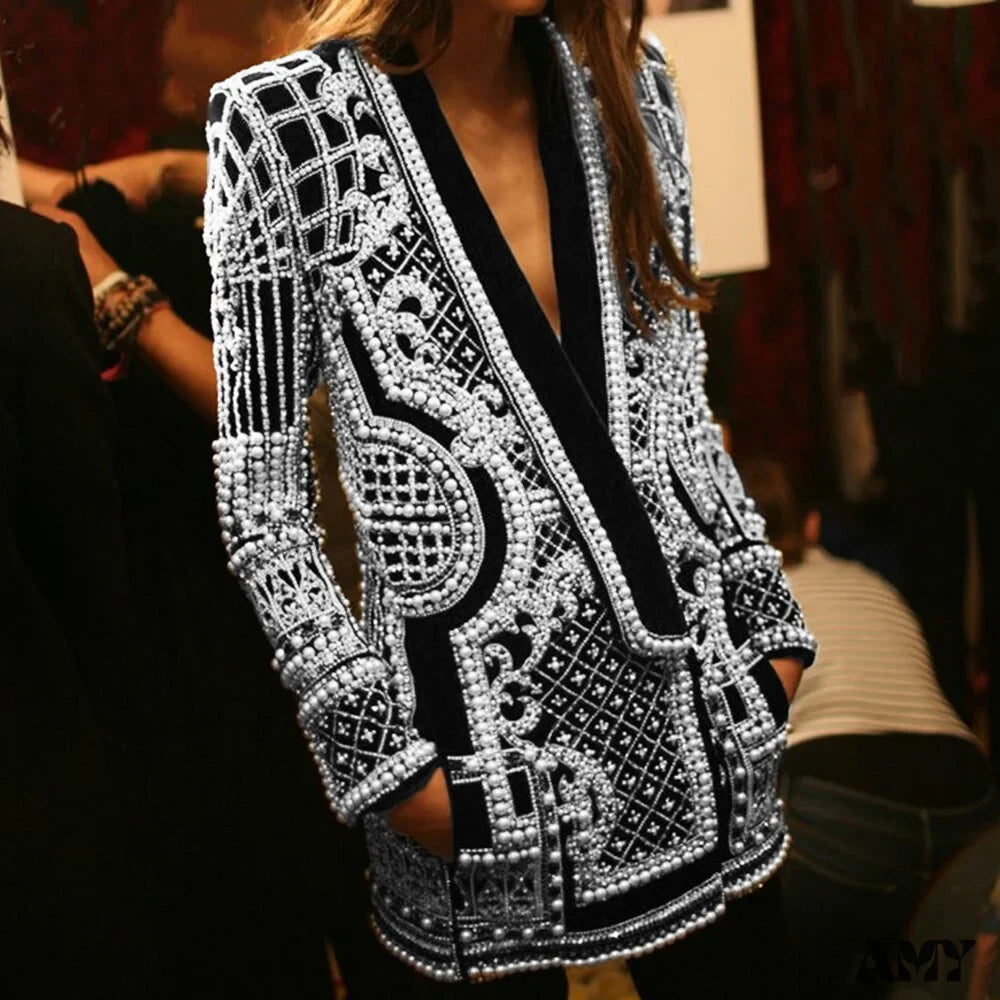 Amy Fashion - Beading Design Long Sleeve Vintage Coat
