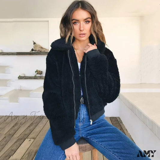 Amy Fashion - Faux FurWarm Soft Plush Zipper Coat