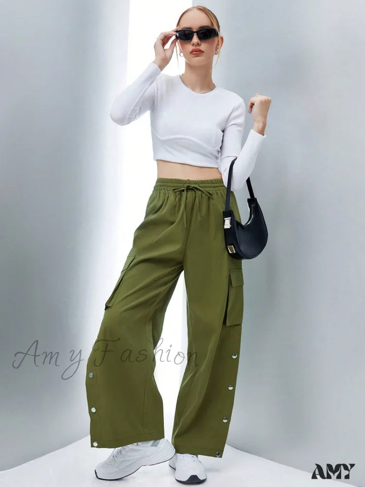 Amy Fashion - Flap Pocket Side Drawstring Waist Button Hem Cargo Pants