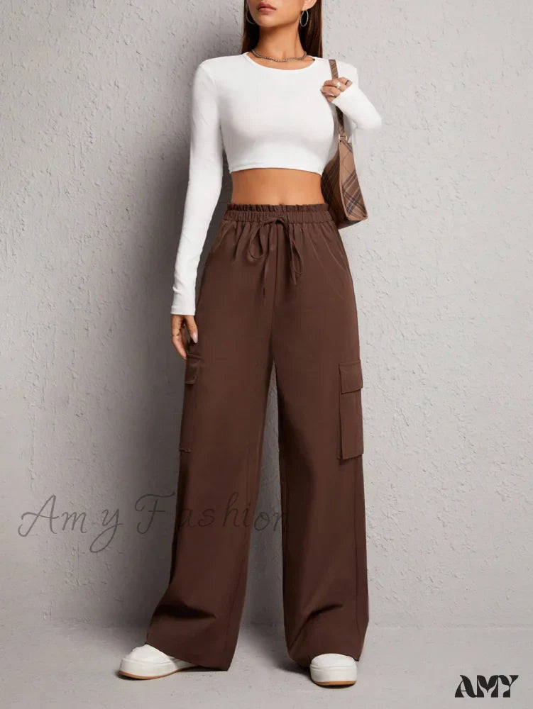 Amy Fashion - Flap Pocket Side Drawstring Waist Cargo Pants