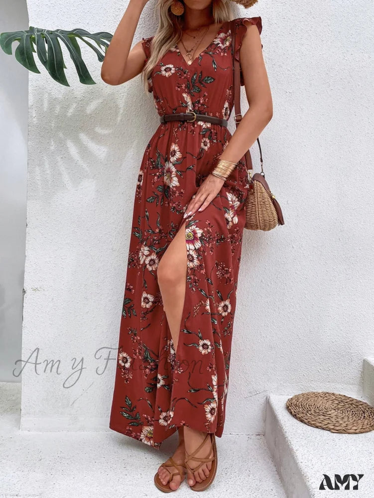 Amy Fashion - Floral Print Ruffle Trim Slit Thigh Dress Without Belt