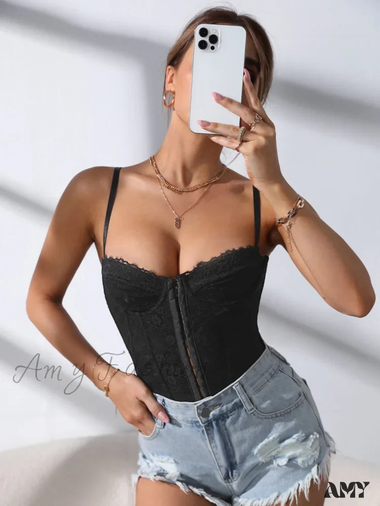 Amy Fashion - Lace Trim Hook & Eye Cami Top