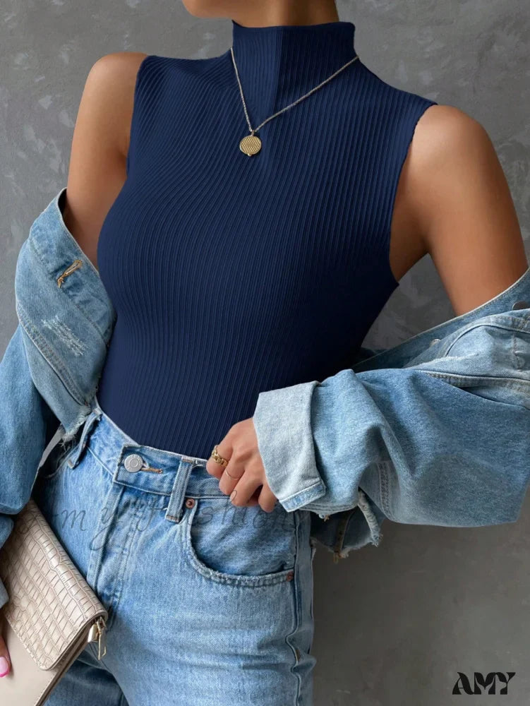 Amy Fashion - Mock Neck Ribbed Knit Tank Top