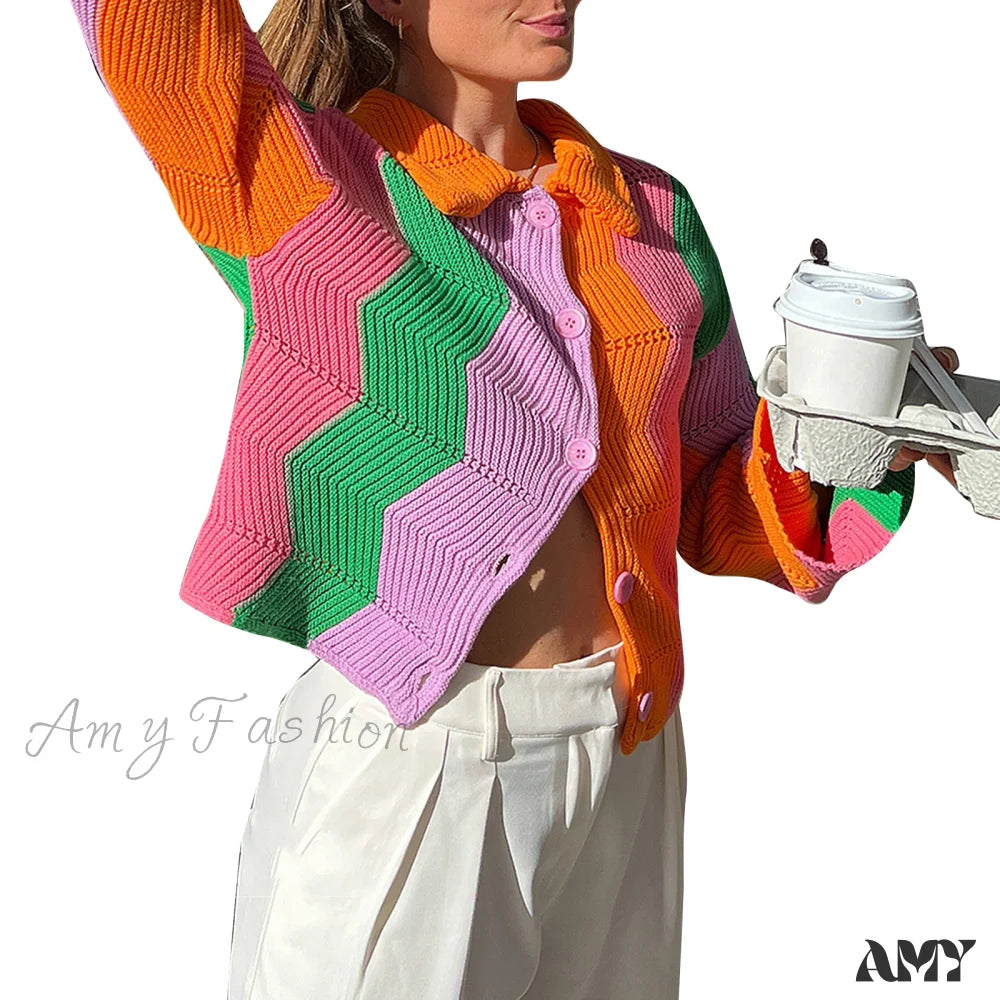 Amy Fashion - Multicolor Patchwork Sweet Girl Cardigan