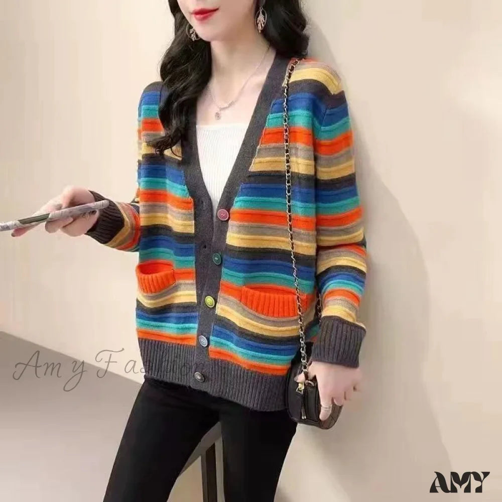 Amy Fashion - Multicolor Stripped Print Cardigan