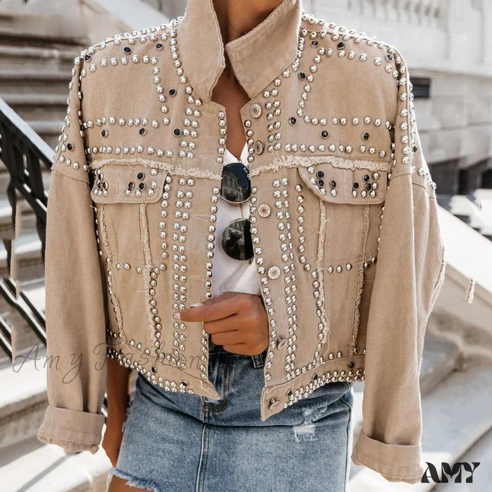 Amy Fashion - Outwear Studded Denim Coat