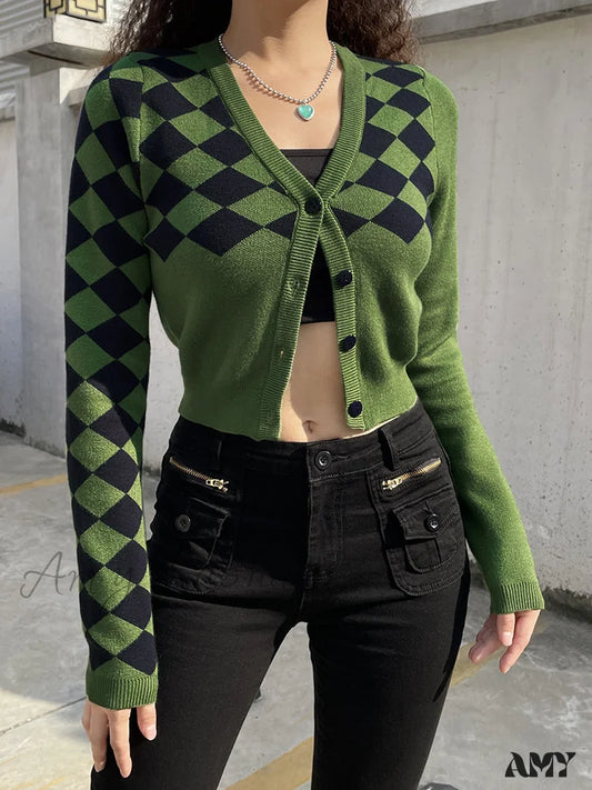 Amy Fashion - Fashion Plaid Green Cropped Knitted Cardigan