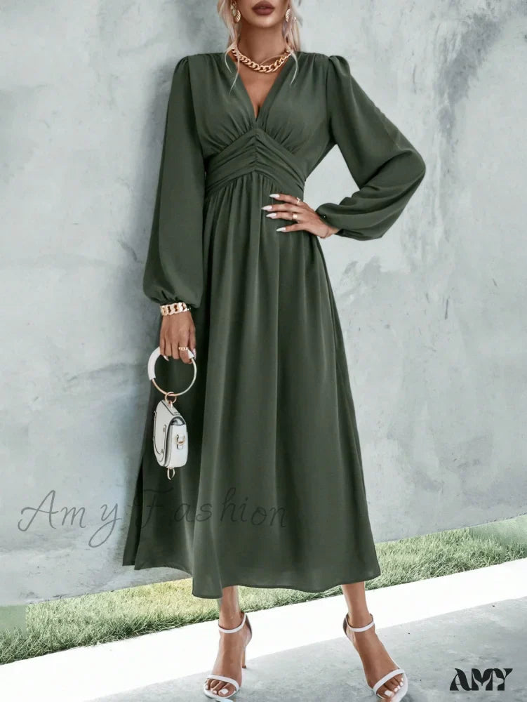 Amy Fashion - Plunging Neck Lantern Sleeve Waist Split Thigh Dress