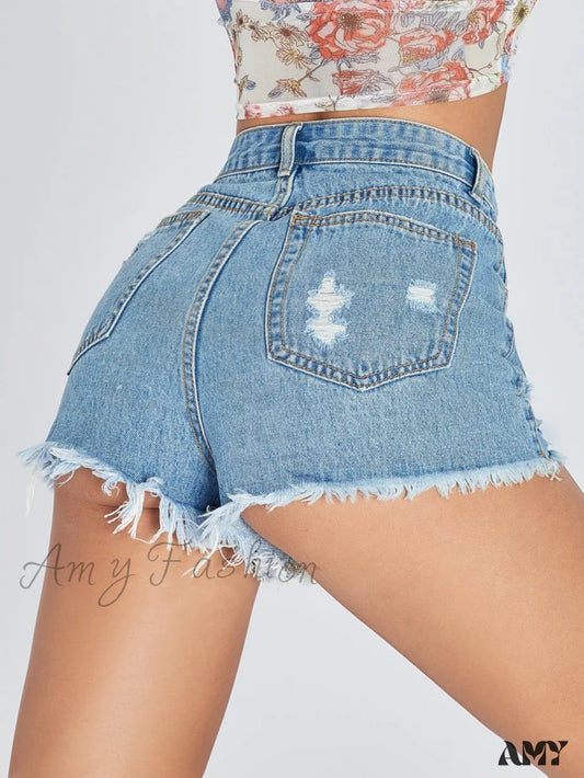 Amy Fashion - Raw Hem Distressed Denim Shorts