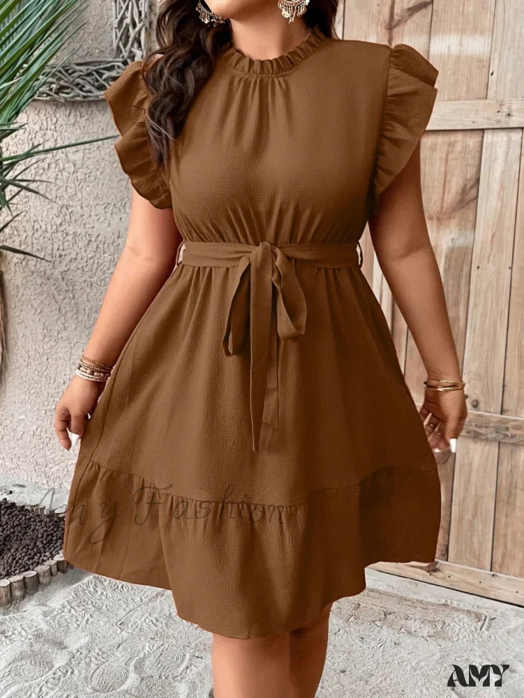Amy Fashion - Ruffle Trim Belted Dress