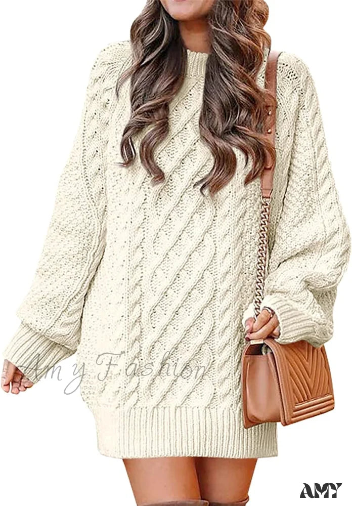 Amy Fashion - Women Long Sleeve Oversized Cable Knit Sweater Dress