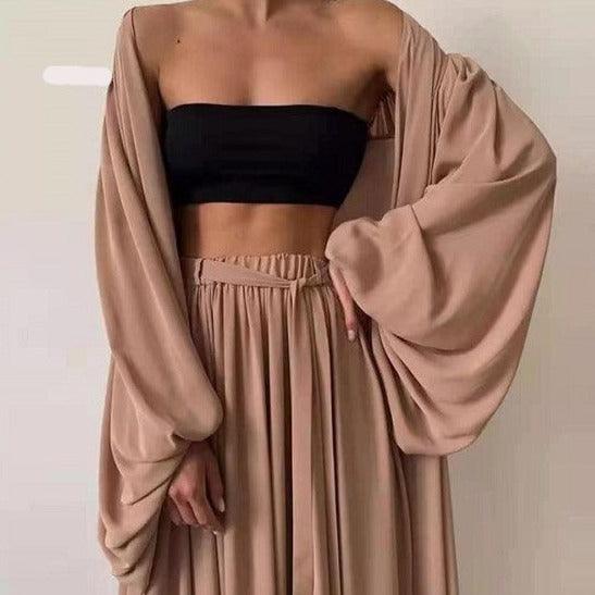 KittenAlarm - Ana Bandeau Top & Oversize Pants With Puff Sleeve Robe