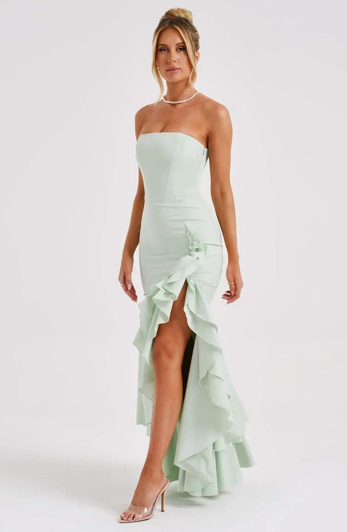 Strapless Floral Print Corset Mermaid Ruffle Asymmetrical Hem Maxi Dress