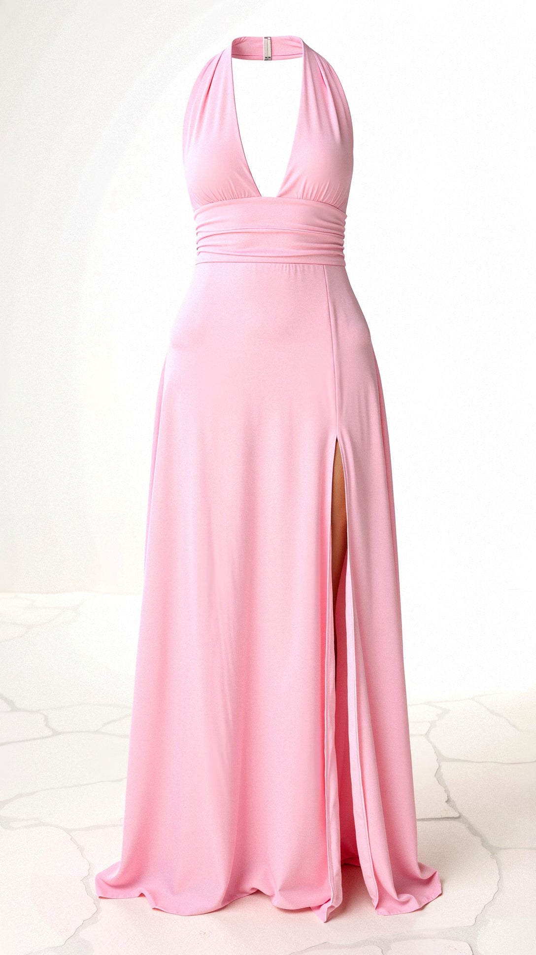 Halter Deep V-Neck Ruched Waist High Slit Maxi Dress