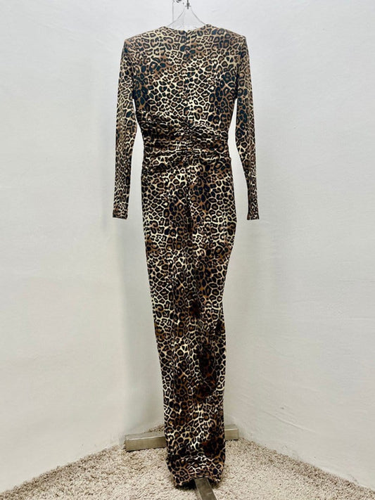 Print Zip Plunging V-Neck Ruched Long Sleeve Front Slit Maxi Dress