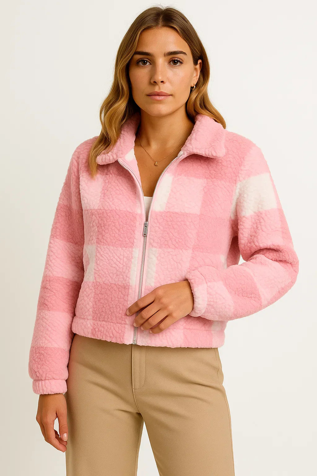 Checked Teddy Jacket | Zip Front | Soft Fleece Finish