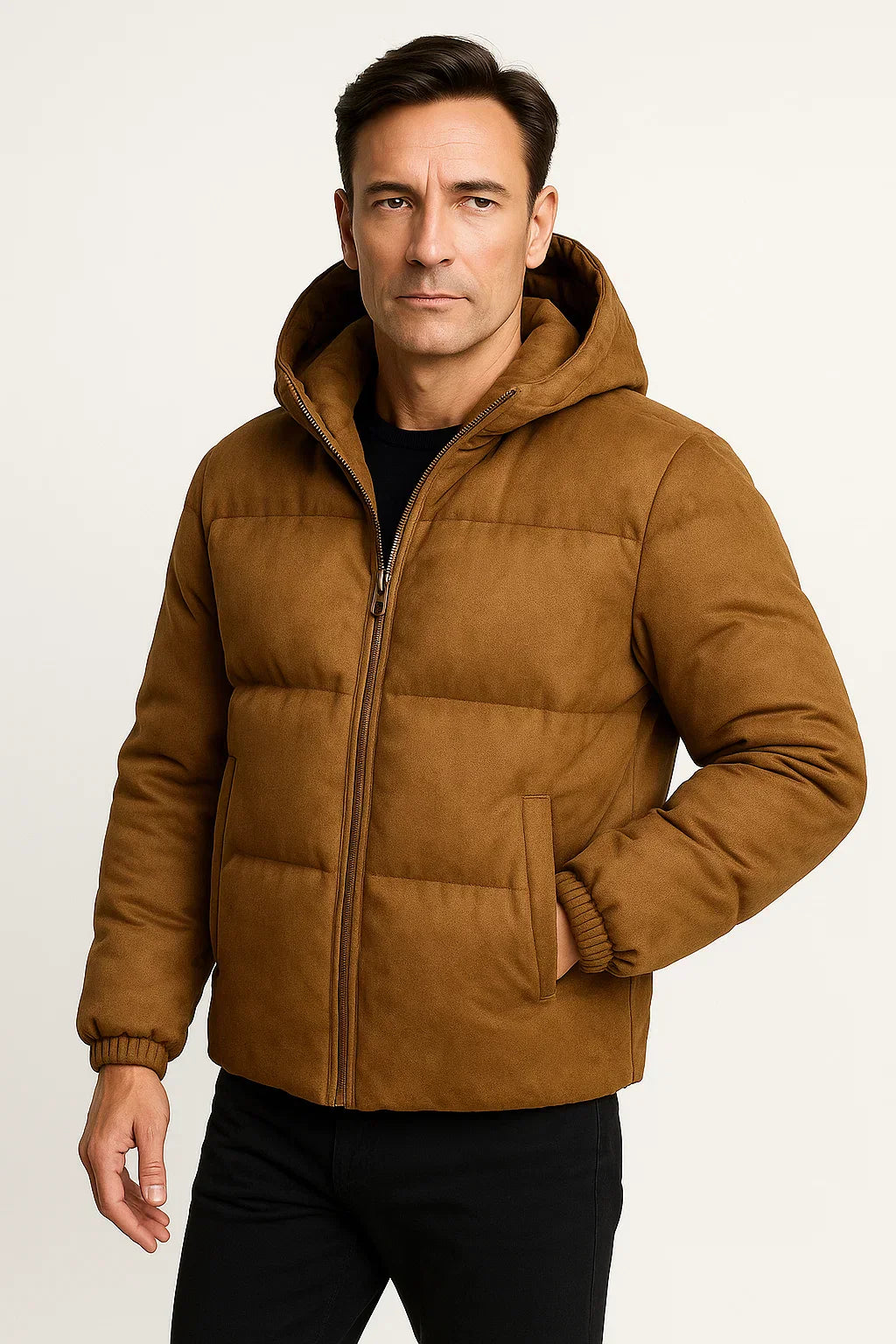 Maison Hooded Puffer Jacket | Suede Effect | Insulated Winter Outerwear