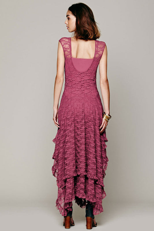 Lace Tiered Ruffle Asymmetric Hem Sleeveless Midi Dress