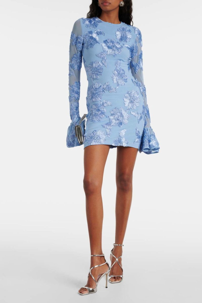3D Floral Appliqué Crew Neck Bell Cuff Long Sleeve Mini Dress