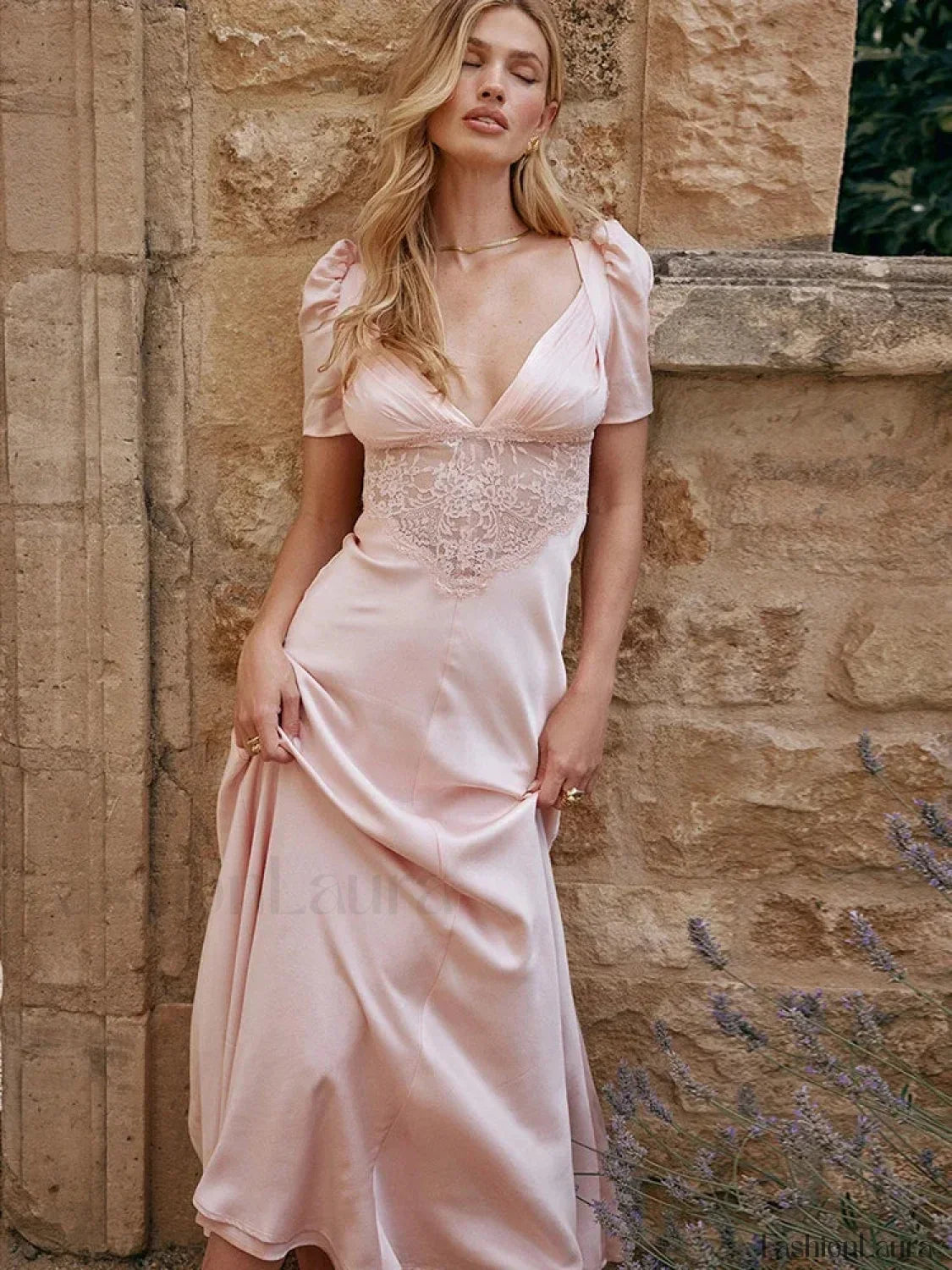 Autumn Long Elegant Pink Maxi V Neck Formal Occasion Puff Sleeve Lace Dress