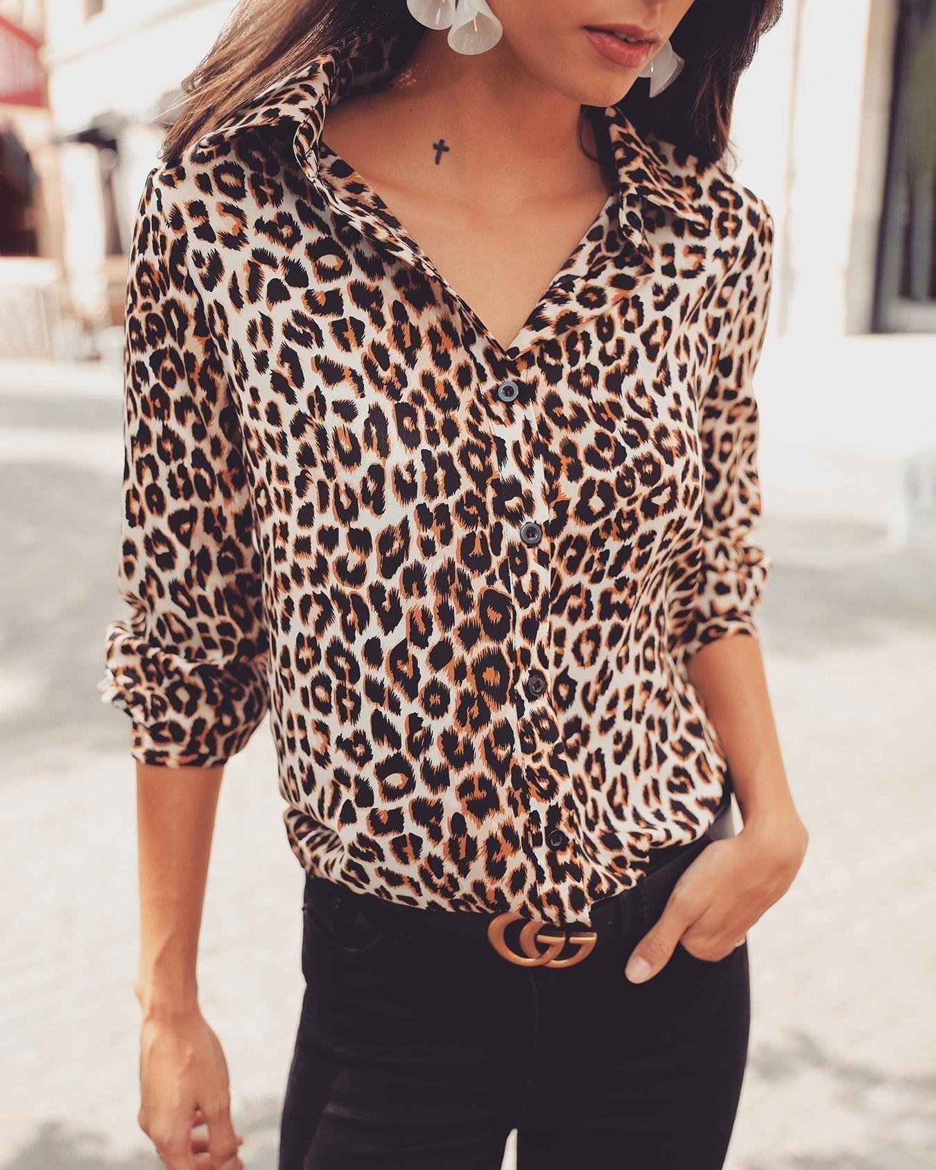 Women's Leopard Print Button-Up Blouse – Long Sleeve Stylish Top