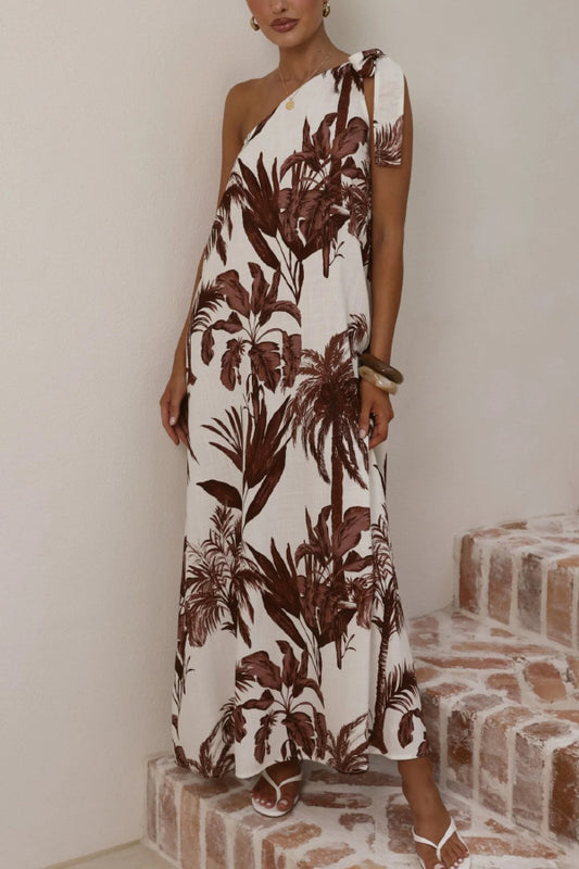 Botanical Print Sleeveless One-shoulder Casual Vacation Maxi Dress