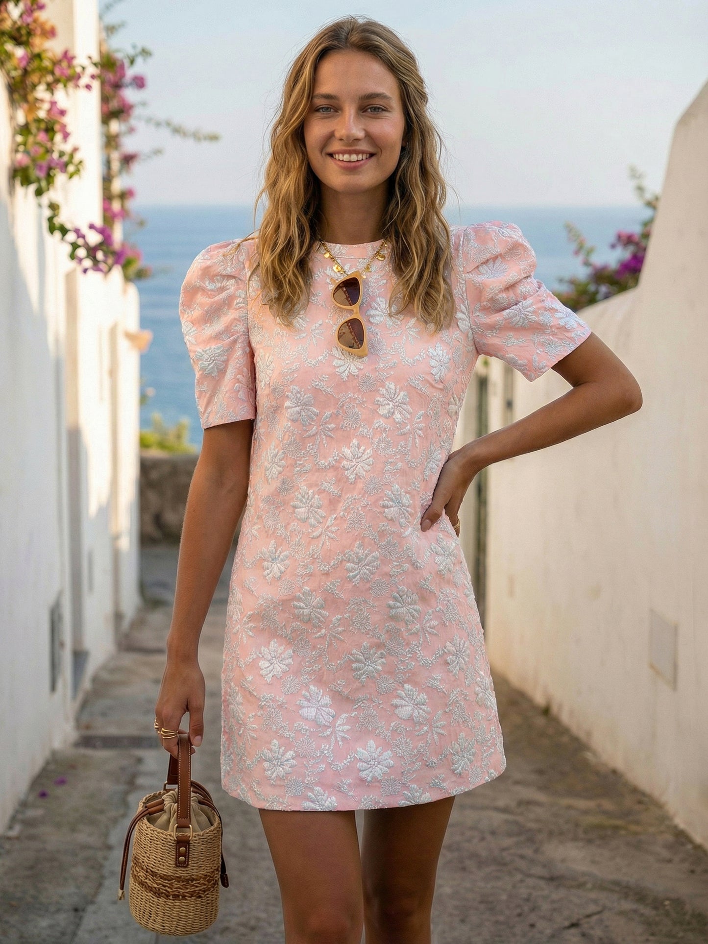 Puff Sleeve Mini Shift Dress for Women - Floral Jacquard Crew Neck Sun Dress - Summer Beach Party 2026