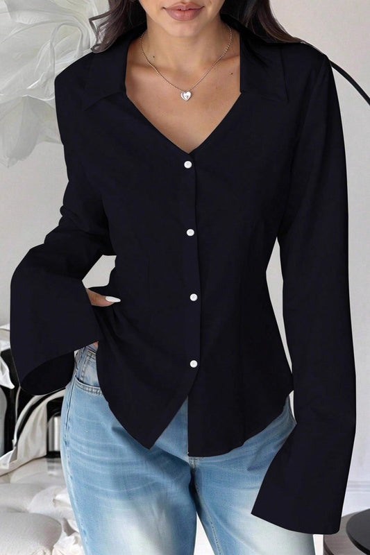 Slim Fit Flare Sleeve V Neck Blouse