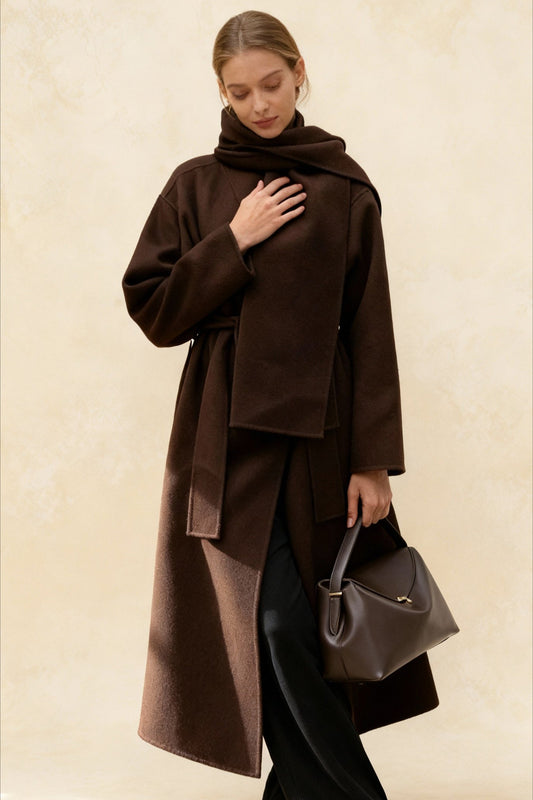 Women's Scarf Collar Woolen Belted Overcoat