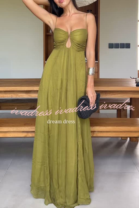 Soft and Elegant Metal Hollow Design Back Smocked A-line Slip Maxi Dress