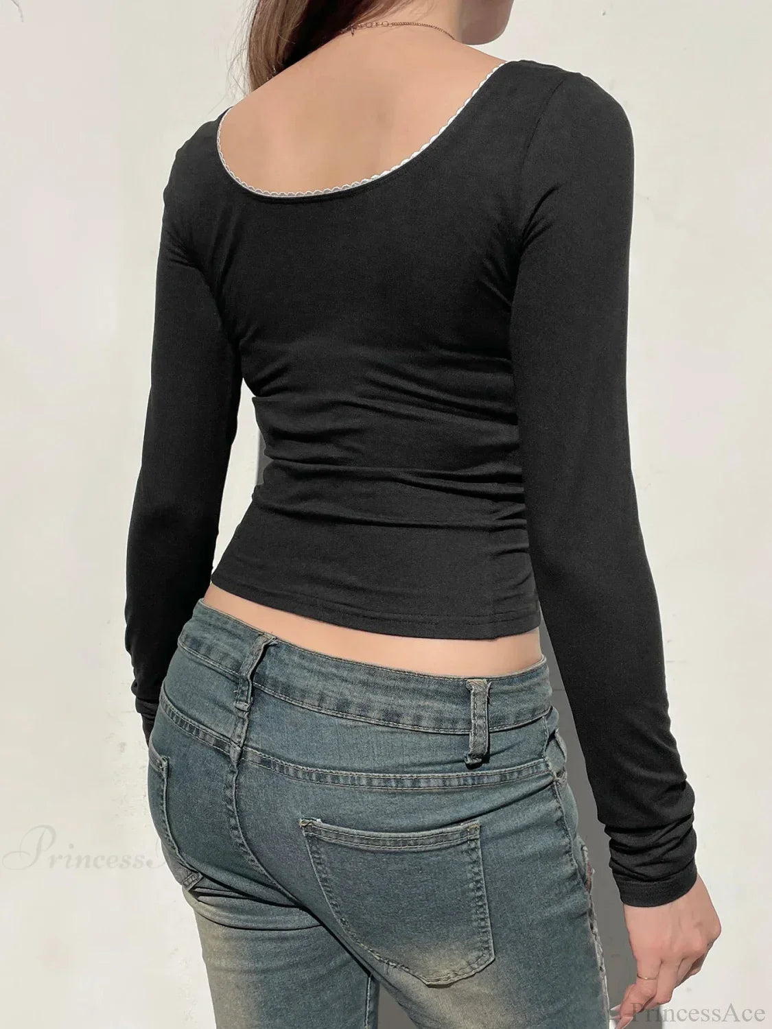Basic Lace Trim Slim Square Collar Long Sleeve Knit Top