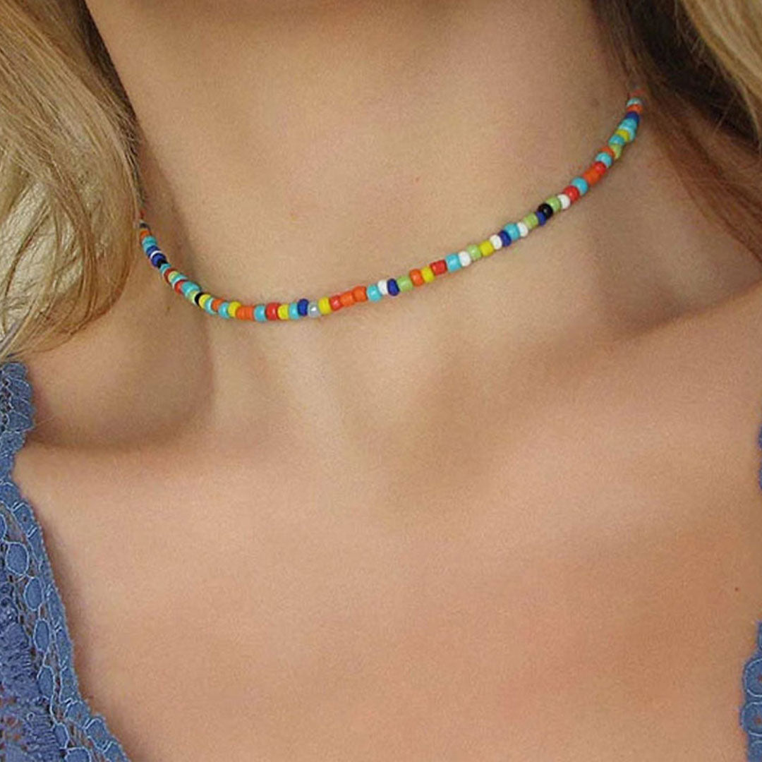 Polished Seed Enamel Bead Choker Necklace - Beachy Multicolor