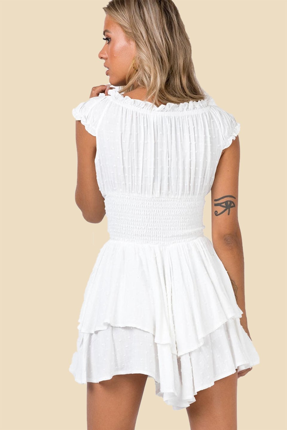 Sweetheart Cap Sleeve Smocked Bodice Tiered Ruffle Mini Dress