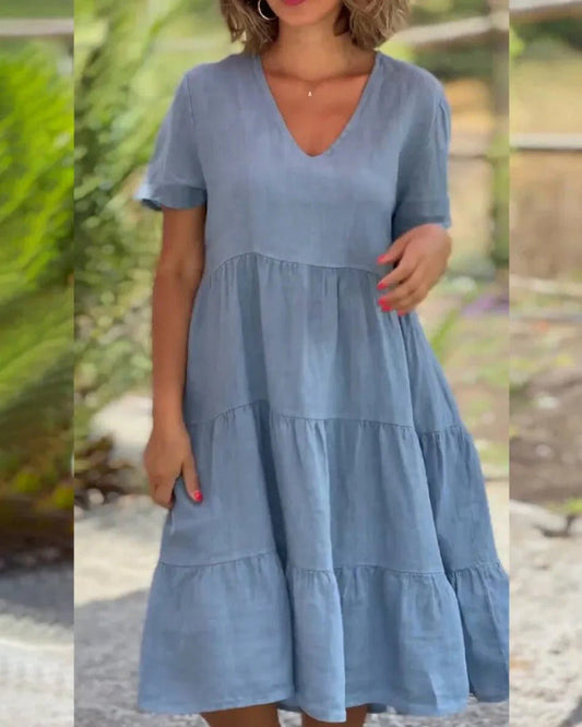 V-Neck Short Sleeve Three-Tier Babydoll Flowy Midi Dress